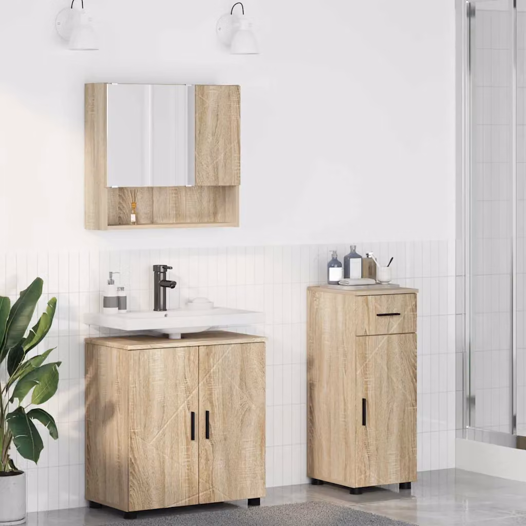 Set di mobili per il bagno vidaXL 3 pezzi in rovere e nero con armadietto specchio e mobile lavabo L/P/H: 61 x 35 x 64 cm