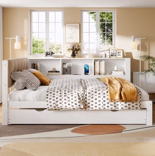Letto singolo 140x200 cm in legno di pino bianco con letto estraibile, LED dimmerabile e USB integrato