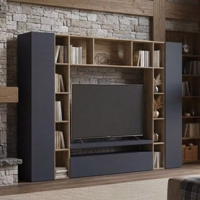 Parete attrezzata DMORA per soggiorno con mobile porta TV e vetrina, Antracite e Rovere, L: 270 cm, H: 210 cm, P: 35 cm – 1
