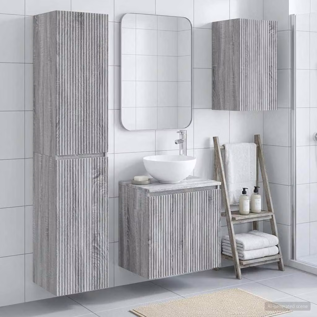 Set di mobili da bagno moderni vidaXL in 3 pezzi colore grigio con pensile e armadio alto