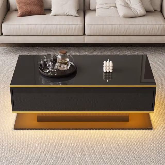 Tavolino basso Mivray con LED regolabile, 3 cassetti e vano aperto, nero e oro, L: 100 cm, P: 50 cm, H: 40 cm