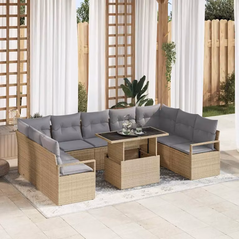 Set Divano da Giardino vidaXL a Forma a U con 10 Pezzi, Moderno, Grigio e Beige, con Cuscini e Tavolino da Caffè in Acciaio Verniciato a Polvere