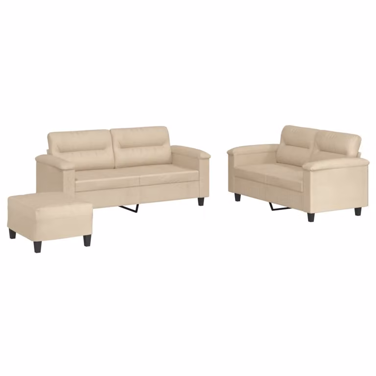 set divano 3 pezzi con cuscini in tessuto microfibra crema