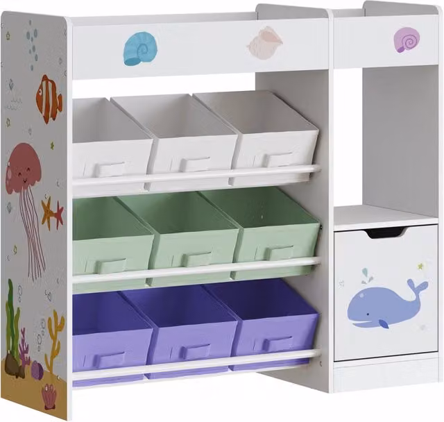 Scaffale dal design senza tempo per soggiorno camera da letto mobiletto portaoggetti per bambini con motivo sogno acqua 80 x 90 x 30 cm bianco verde viola 03_0011219