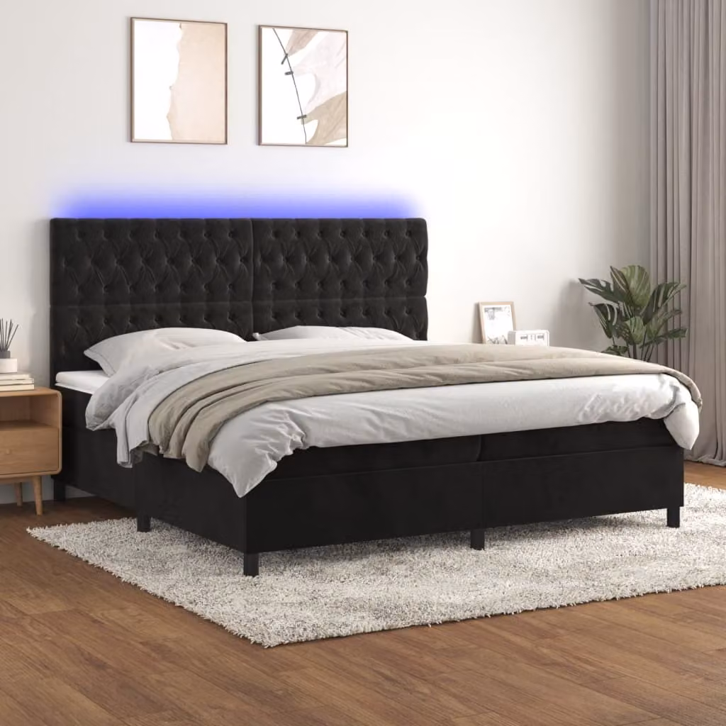 The Living Store Letto a molle con materasso e LED nero 200x200 cm in velluto