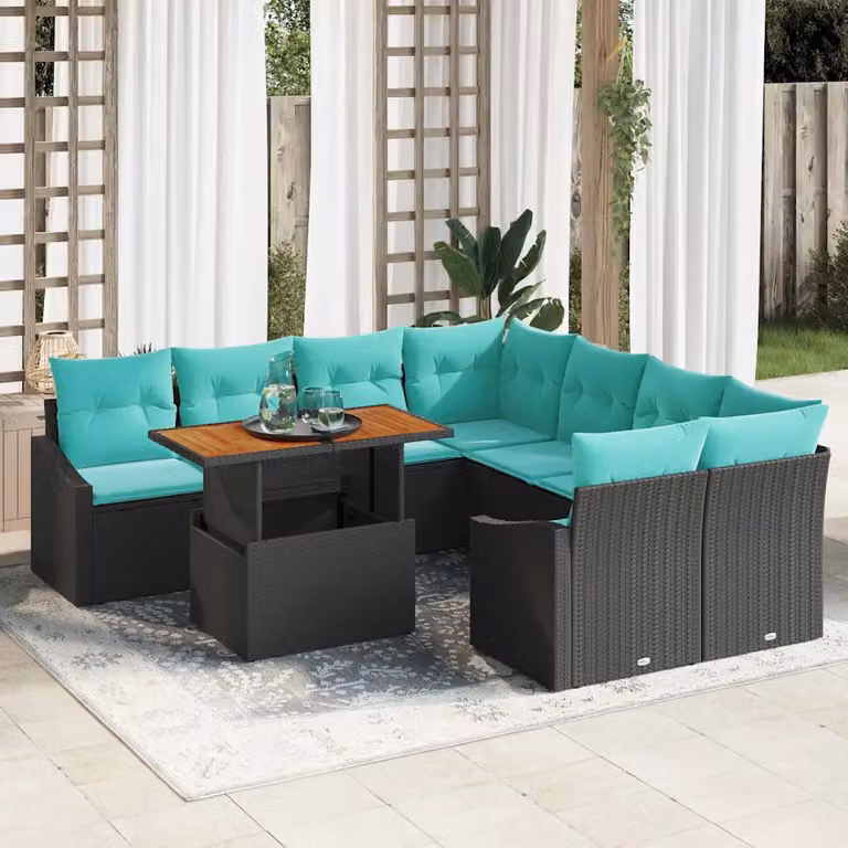 Set Divano da Giardino vidaXL in Polyrattan e Legno di Acacia, 9 Pezzi, 8 Posti, Nero e Petrolio