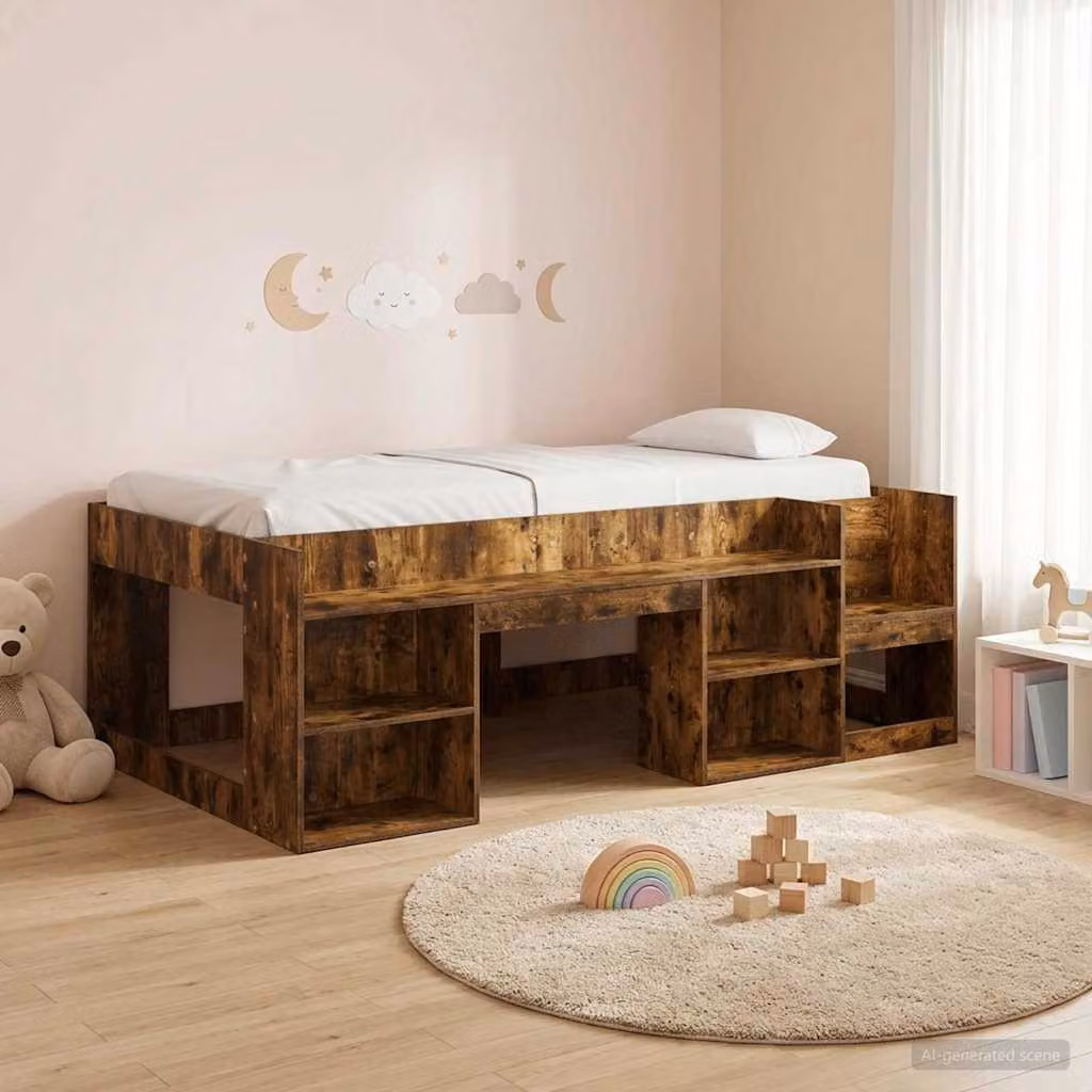 Letto singolo rialzato per bambini vidaXL con scomparti laterali in legno marrone L/P/H: 203 x 90 x 118,5 cm