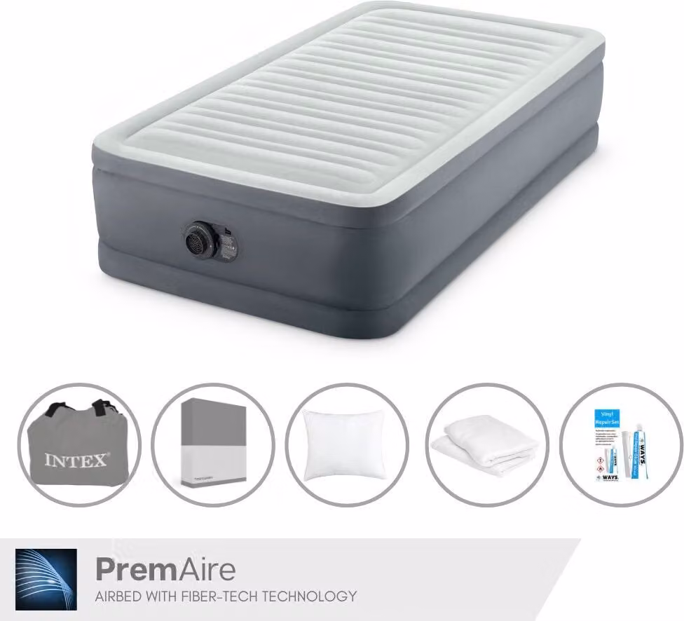 Intex Airbed - 1 persona - 99 x 191 x 46 cm - Grigio - Con pompa elettrica, lenzuola antracite, cuscino, federe Molton 2 in 1 e set di riparazione