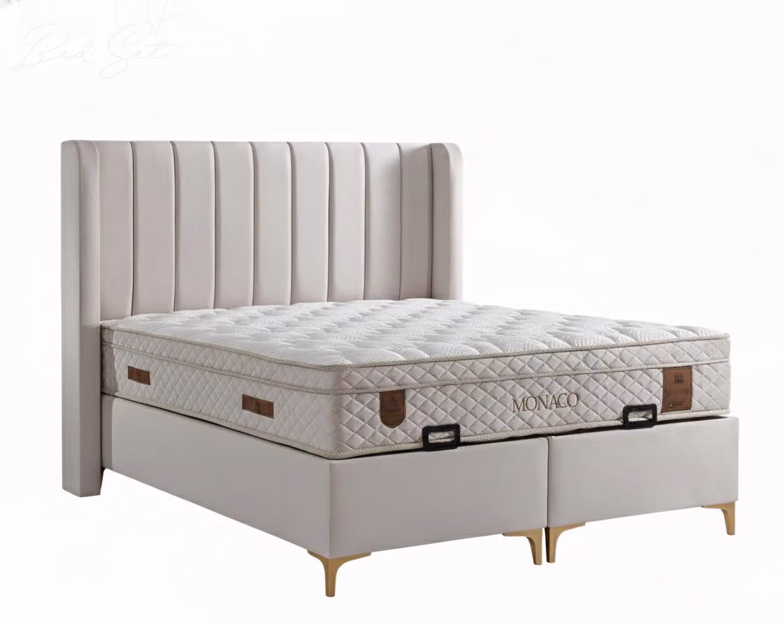 Letto con materasso in stile moderno, color beige, con contenitore e rivestimento in tessuto