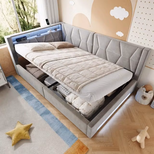 Letto divano 140x200 cm con contenitore con LED; luce testa e piedi; USB e Type-C; velluto; grigio