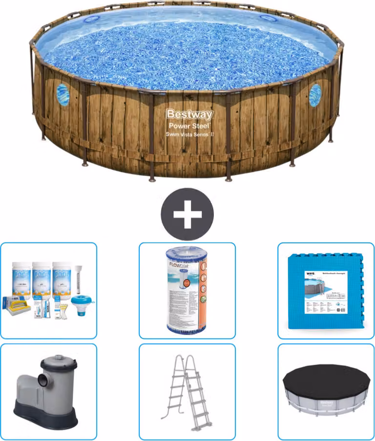 Piscina Bestway Round Power Steel Swim Vista - stampa su legno - 488 x 122 - compresa pompa - scaletta - copertura pacchetto manutenzione - filtro - pavimento in piastrelle