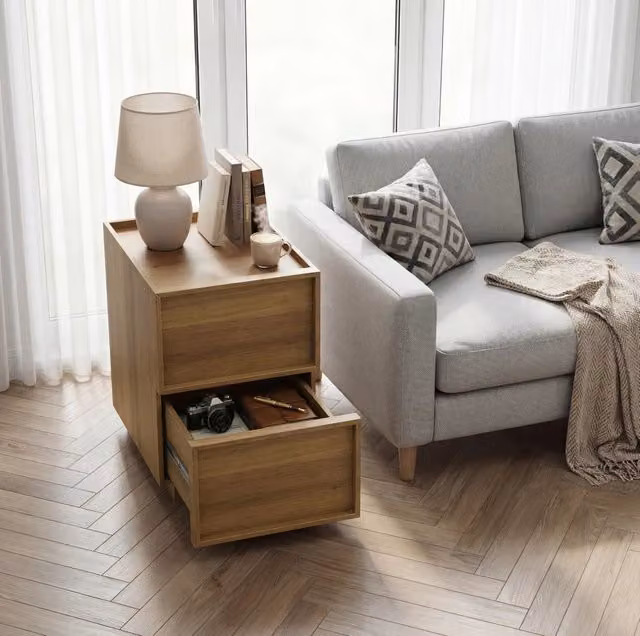 Comodino ULEVR 38x48x50 cm con 2 cassetti senza maniglie, guide in metallo, finitura rovere