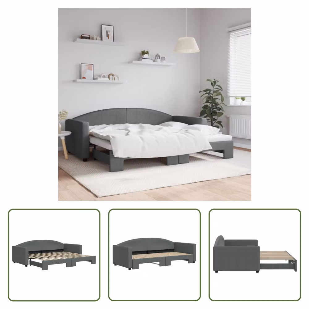 The Living Store letto da giorno allungabile grigio scuro 90x200 cm in tessuto