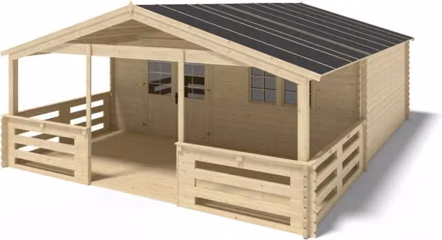 Casetta da giardino in legno ALTANKA con veranda e tettoia, colore naturale, L: 6 m, P: 5 m – 1