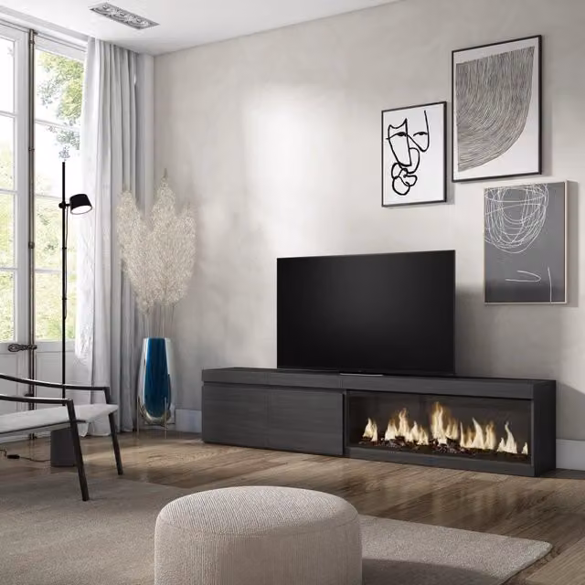 Mobile TV Soggiorno, 208x35x45cm, Per TV fino a 80", Camino elettrico XXL, Nero RF3257