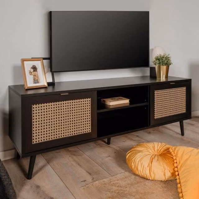 Mobile porta TV Vienna56A con 2 ante e vano a giorno, effetto vimini, colore nero, L: 150 cm, P: 40 cm, H: 52 cm – 1