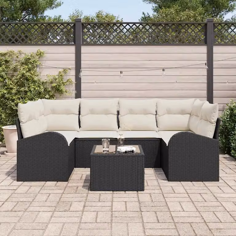 Set Divano da Giardino vidaXL 7 Pezzi in Polyrattan Nero con Cuscini e Tavolino da Esterno