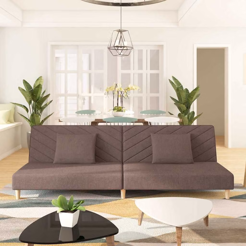 Divano letto 2 posti con 2 cuscini, rivestito in tessuto color taupe