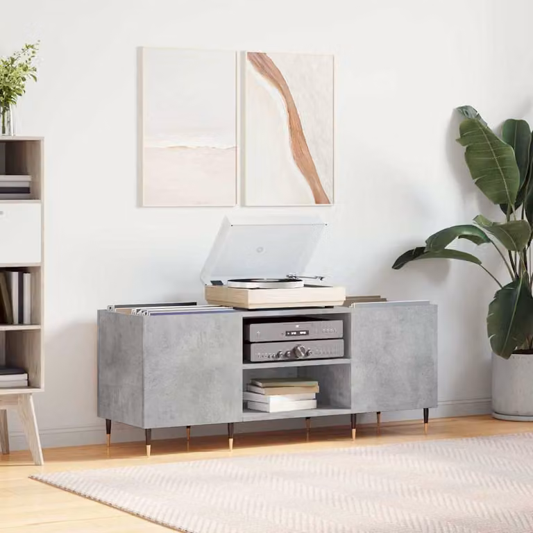 vidaXL Mobile Porta Dischi in Legno Multistrato e Metallo, Grigio Cemento, L: 121 cm, P: 38 cm, H: 48 cm