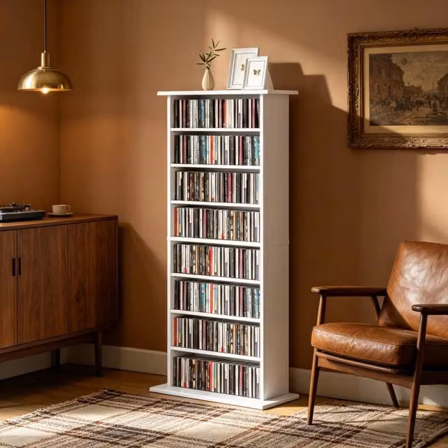 Mobile porta CD e DVD 58x24x126.3 cm con 6 ripiani regolabili in pannello di particelle bianco