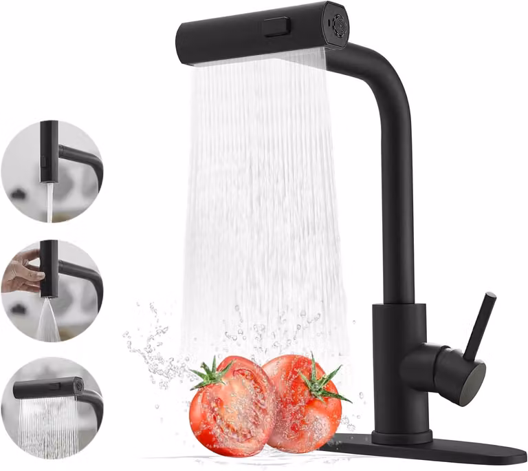Miscelatore da cucina a cascata, nero, con doccetta estraibile, 3 tipi di getto, rotazione a 360°, confezione singola