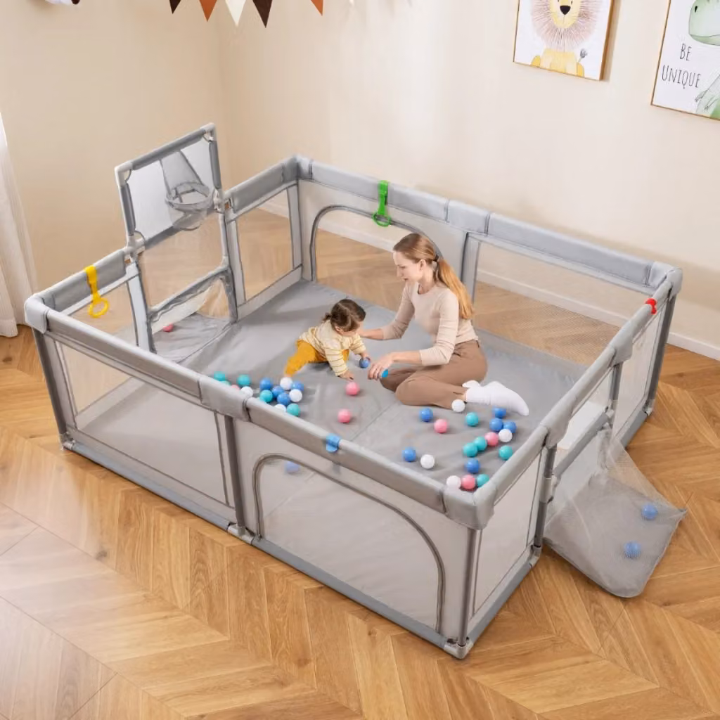 Recinto da gioco pieghevole per bambini con porta a cerniera, rete traspirante e canestro da basket, Grigio L: 188 cm, P: 157 cm, H: 69 cm – 2
