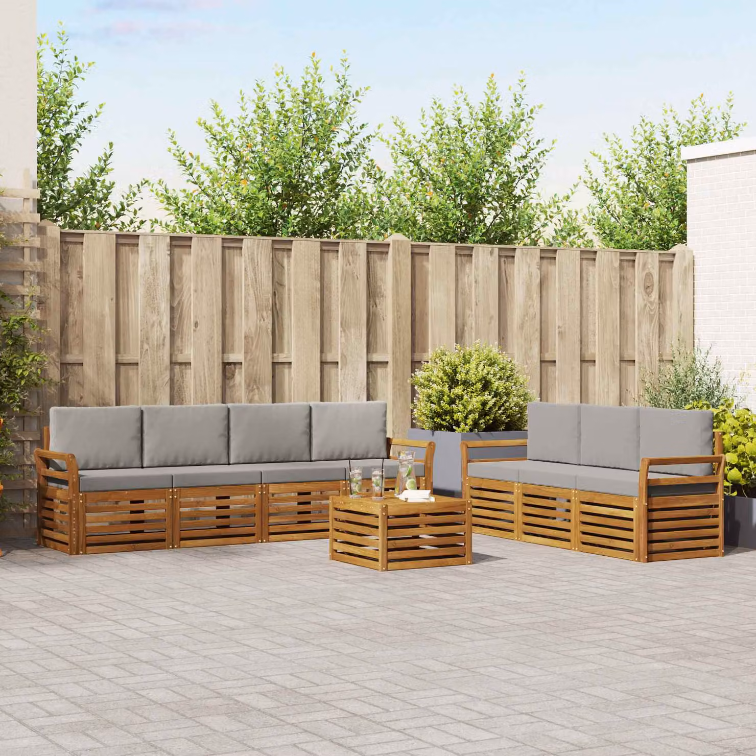 Set di divani da giardino vidaXL 8 pezzi in legno di acacia, colore naturale e grigio chiaro
