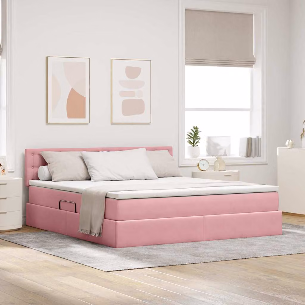 Letto con contenitore e illuminazione LED vidaXL in velluto rosa L 160 cm x P 200 cm – 1