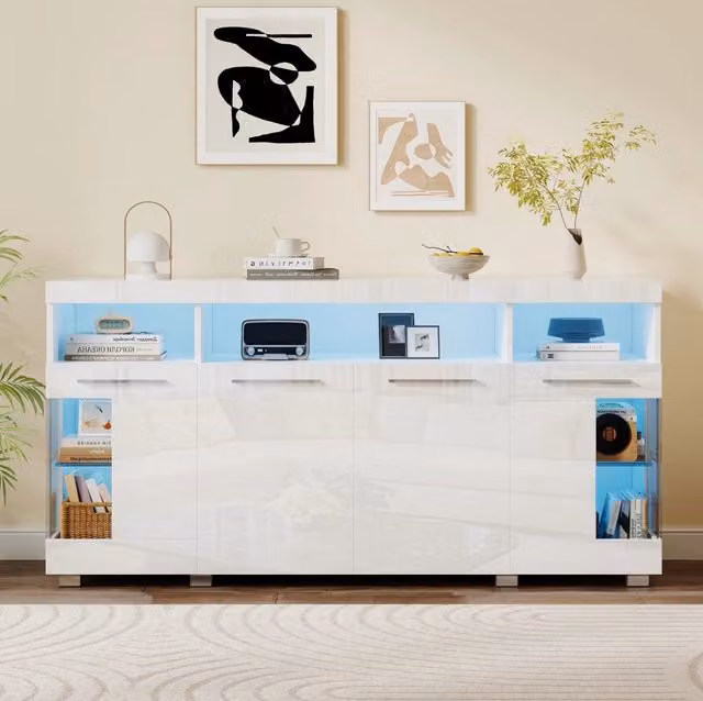Credenza ULEVR 140x40x70 cm con LED controllabile tramite app, 3 cassetti e ante in vetro temperato, bianca