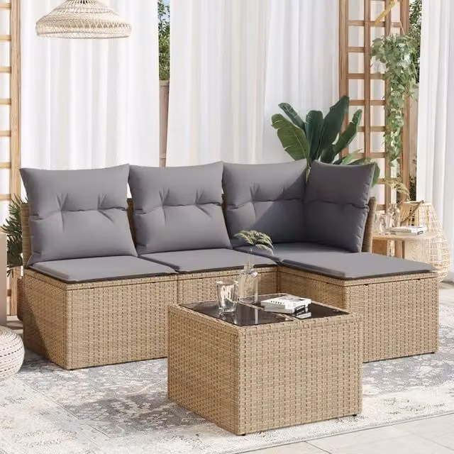 Set Divano da Giardino 5 pz con Cuscini-Sofa da Giardino-Divanetto da esterno Beige in Polyrattan 545908