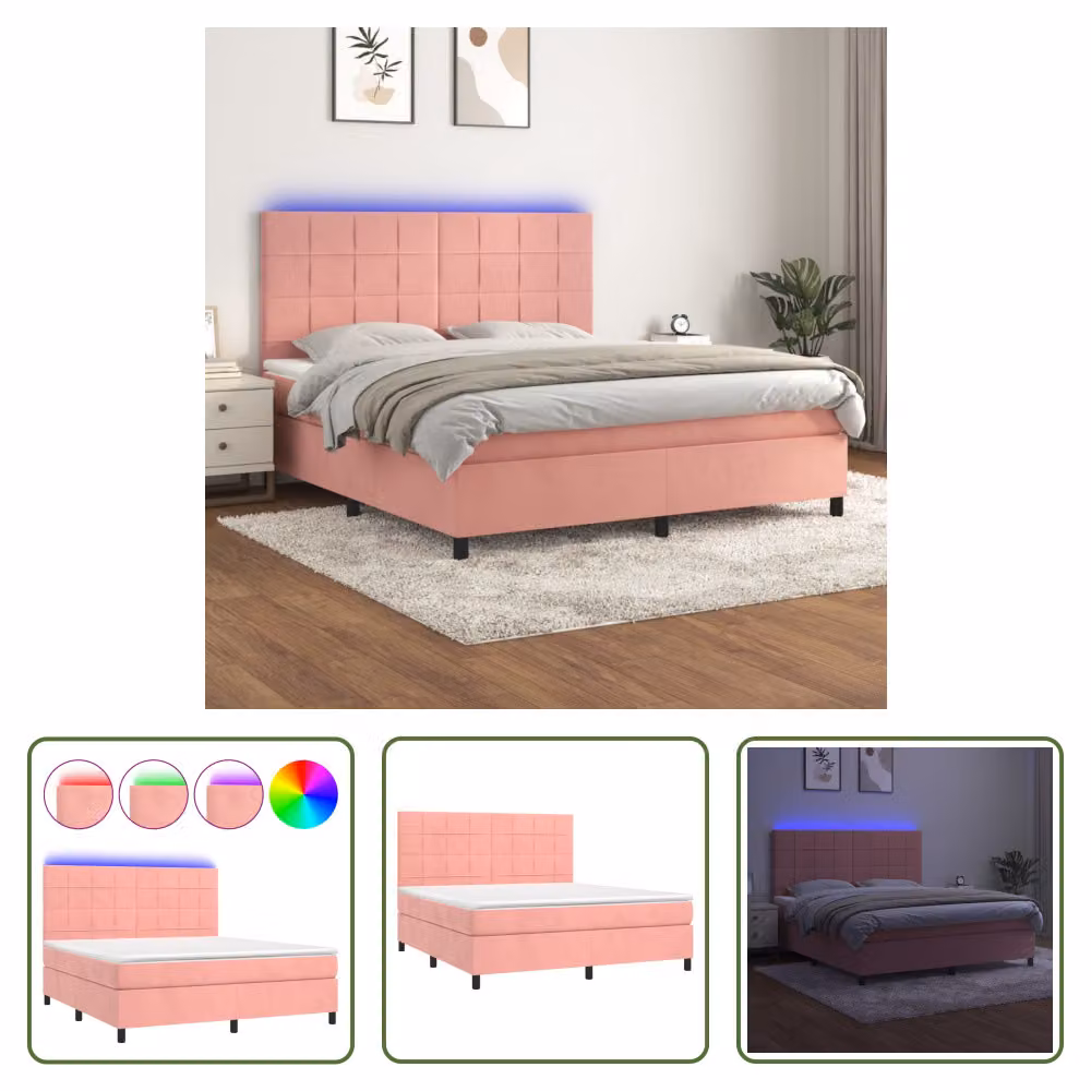 The Living Store Letto a molle con materasso e LED Rosa 160x200 cm Velluto