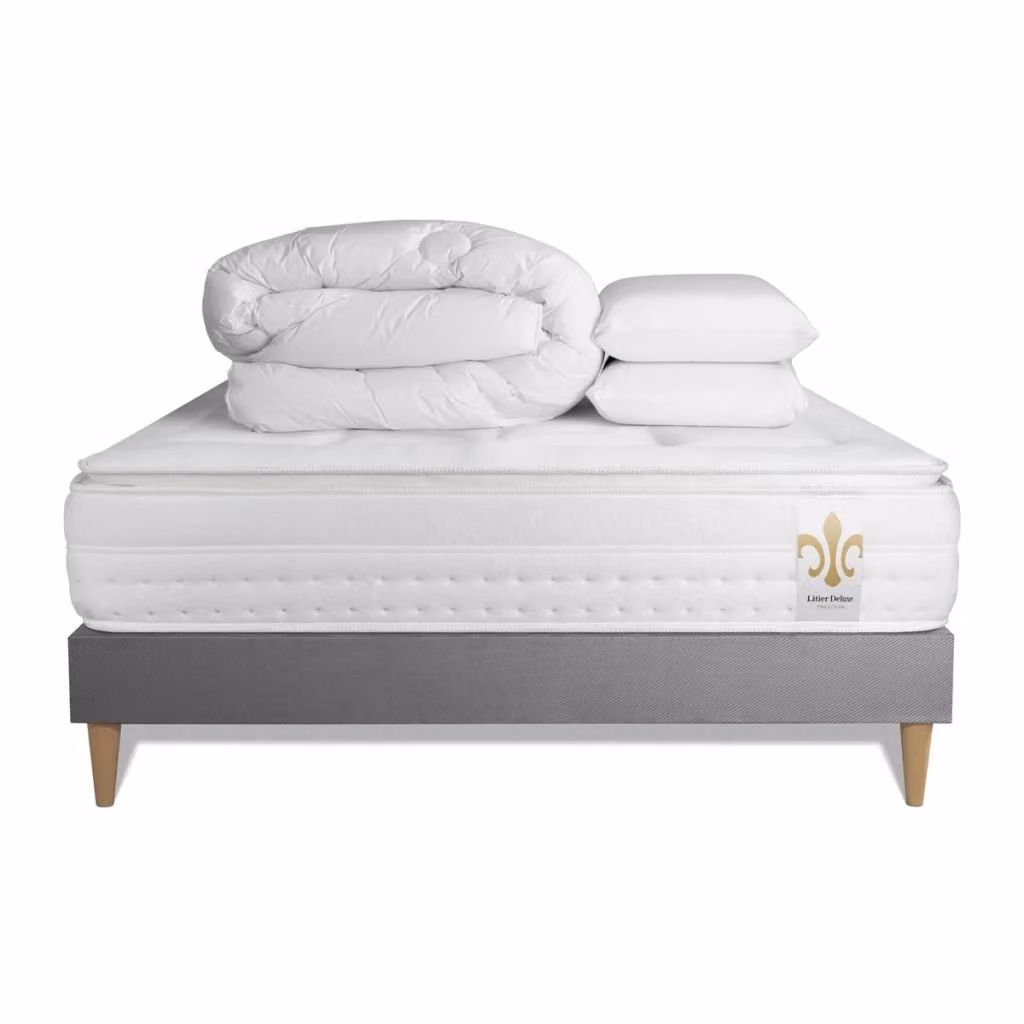 Pacchetto letto completo Vingt-Huit PLUS con materasso ibrido a molle pocket, box spring con doghe, 2 cuscini e piumino, colore bianco, L/P: 160 x 200 cm – 2