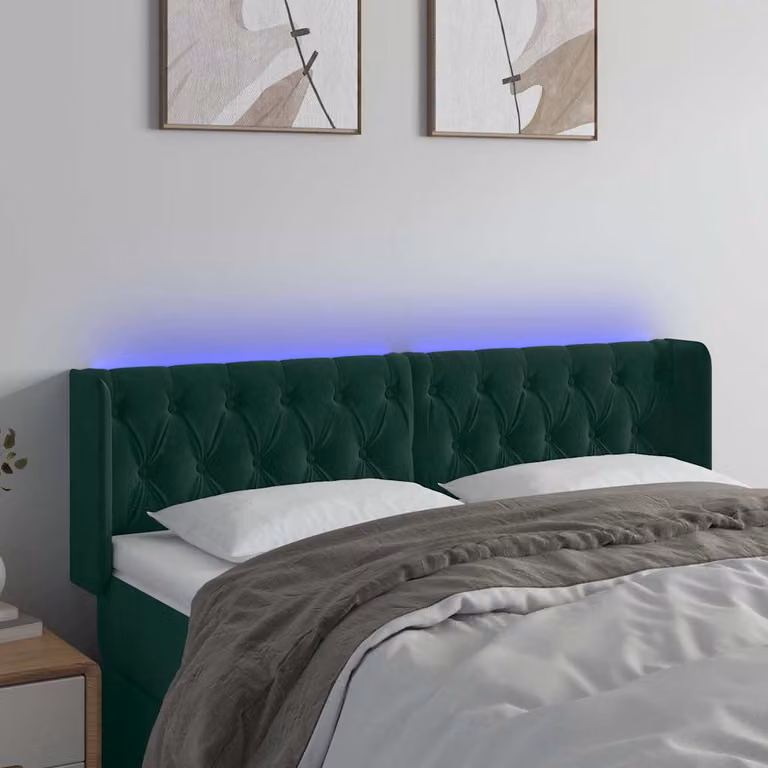 Testiera per letto vidaXL in velluto verde scuro con illuminazione LED e porta di ricarica USB, L: 163 cm, P: 16 cm, H: 78-88 cm