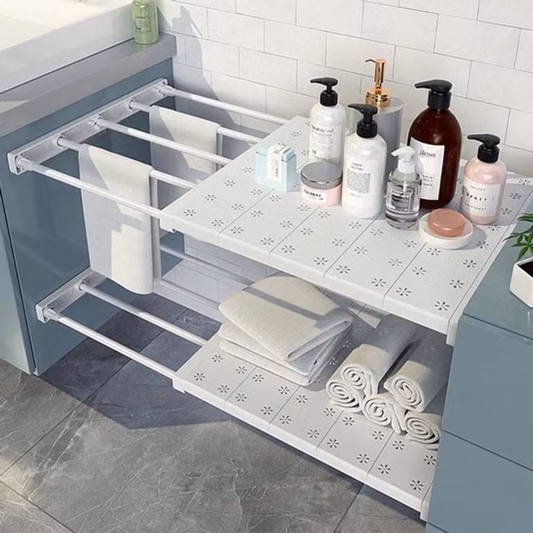 Divisorio regolabile in 2 parti, espandibile, per l'organizzazione e lo stoccaggio, ideale per armadi, cucine, frigoriferi e librerie (38-60 cm)