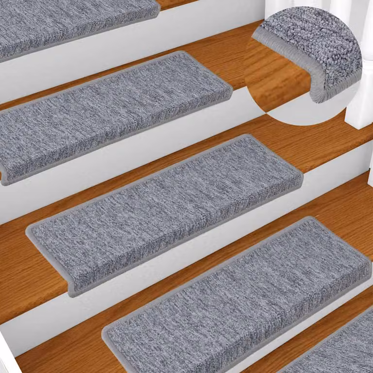 Set di 15 tappetini per scale vidaXL in polipropilene, colore grigio chiaro, L 65 x P 21 x H 3,5 cm, con bordo rettangolare e sistema autoadesivo