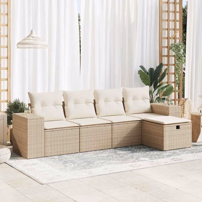 Set Divano da Giardino a L vidaXL in Polyrattan Beige con 5 Pezzi e Cuscini Removibili