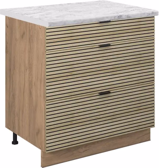 Mobiletto base per cucina Fame-Line Pannello in quercia/Rovere dorato 80 cm con 3 cassetti, PL Marmo Vicco