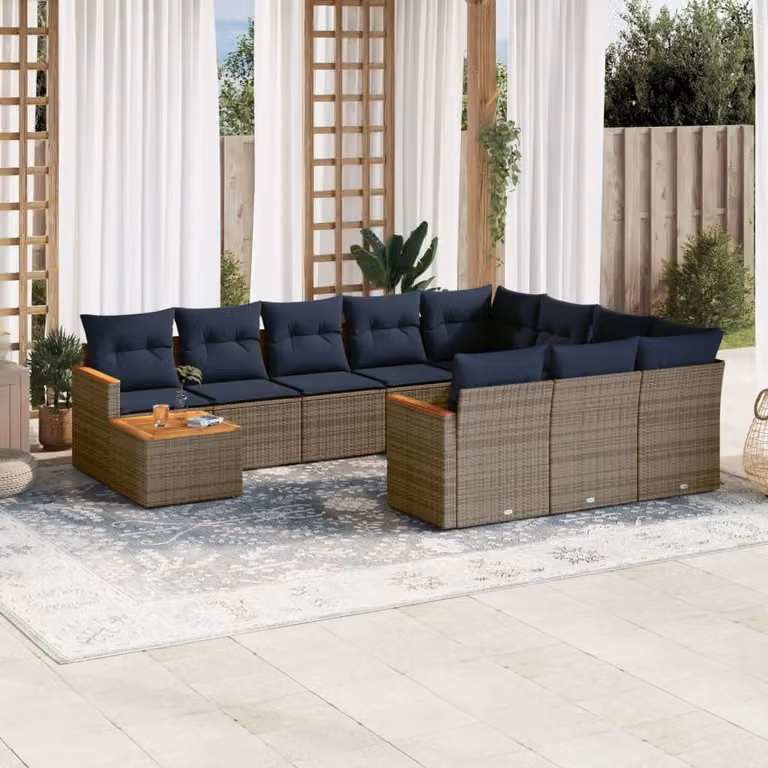 Set Divani da Giardino vidaXL 11 Pezzi a Forma di U con Tavolino e Cuscini, Polyrattan e Metallo, Grigio e Blu