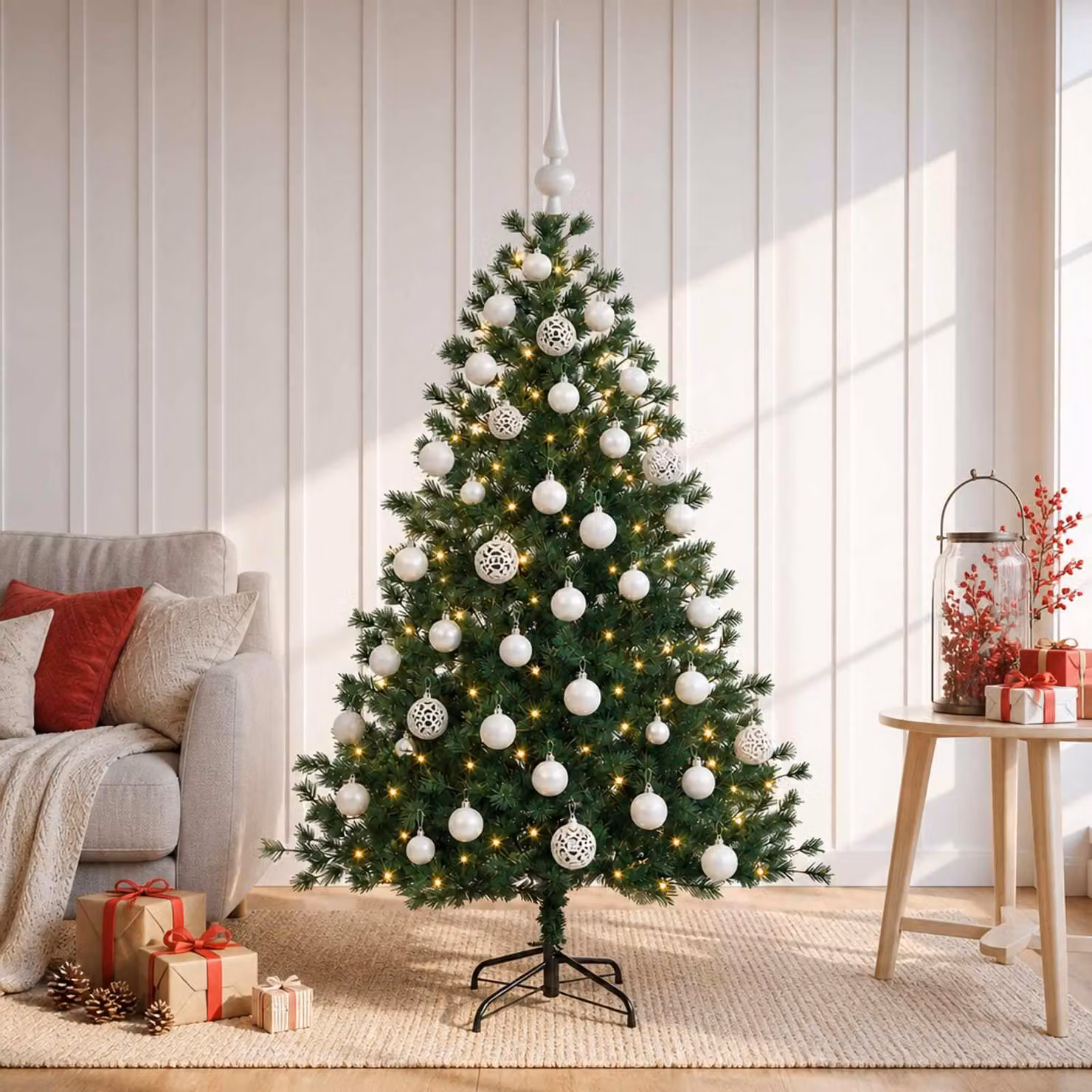 Albero di Natale artificiale con decorazioni natalizie, altezza 150 cm, 150 luci LED