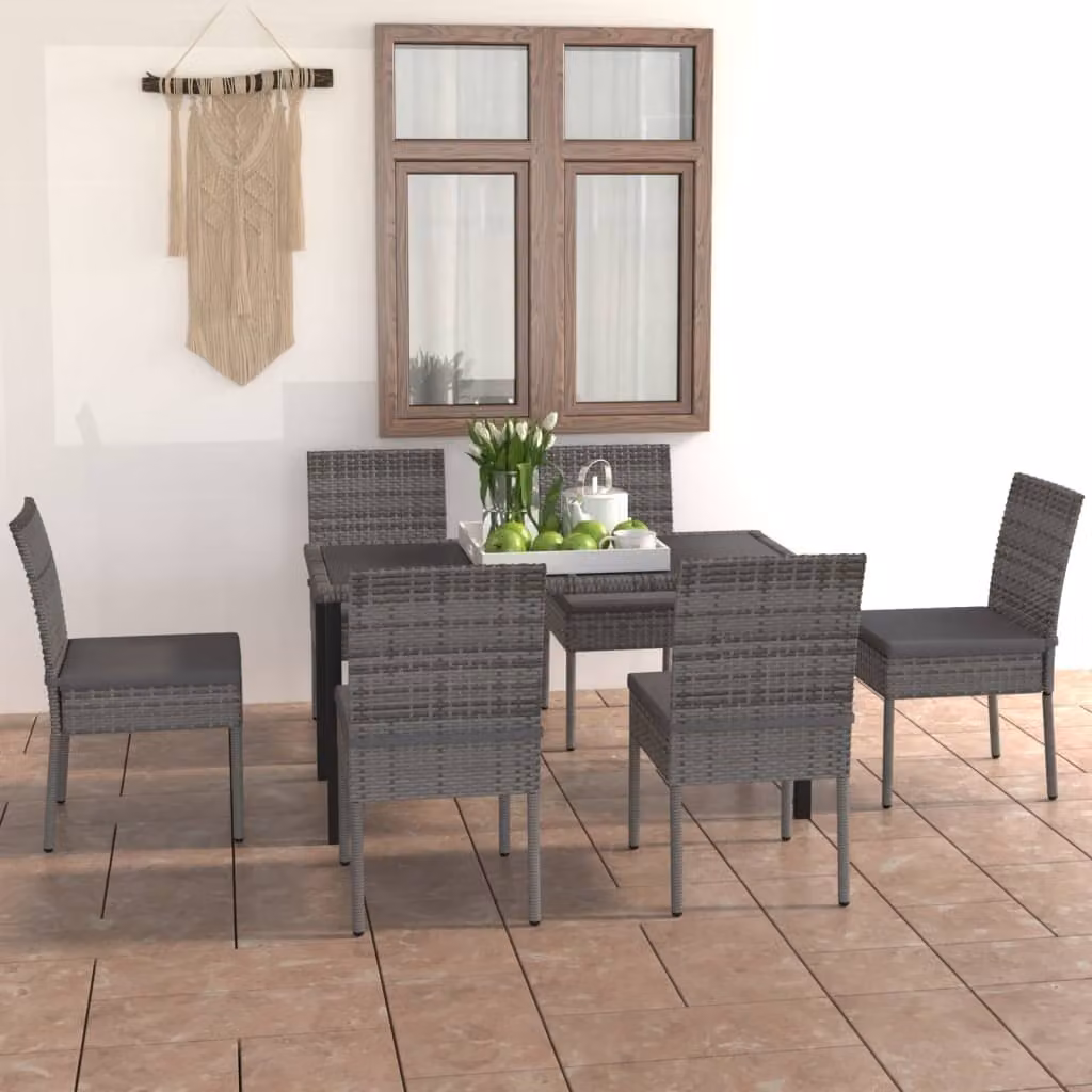 The Living Store 7 pezzi. Set da pranzo da giardino Poly Rattan Grigio