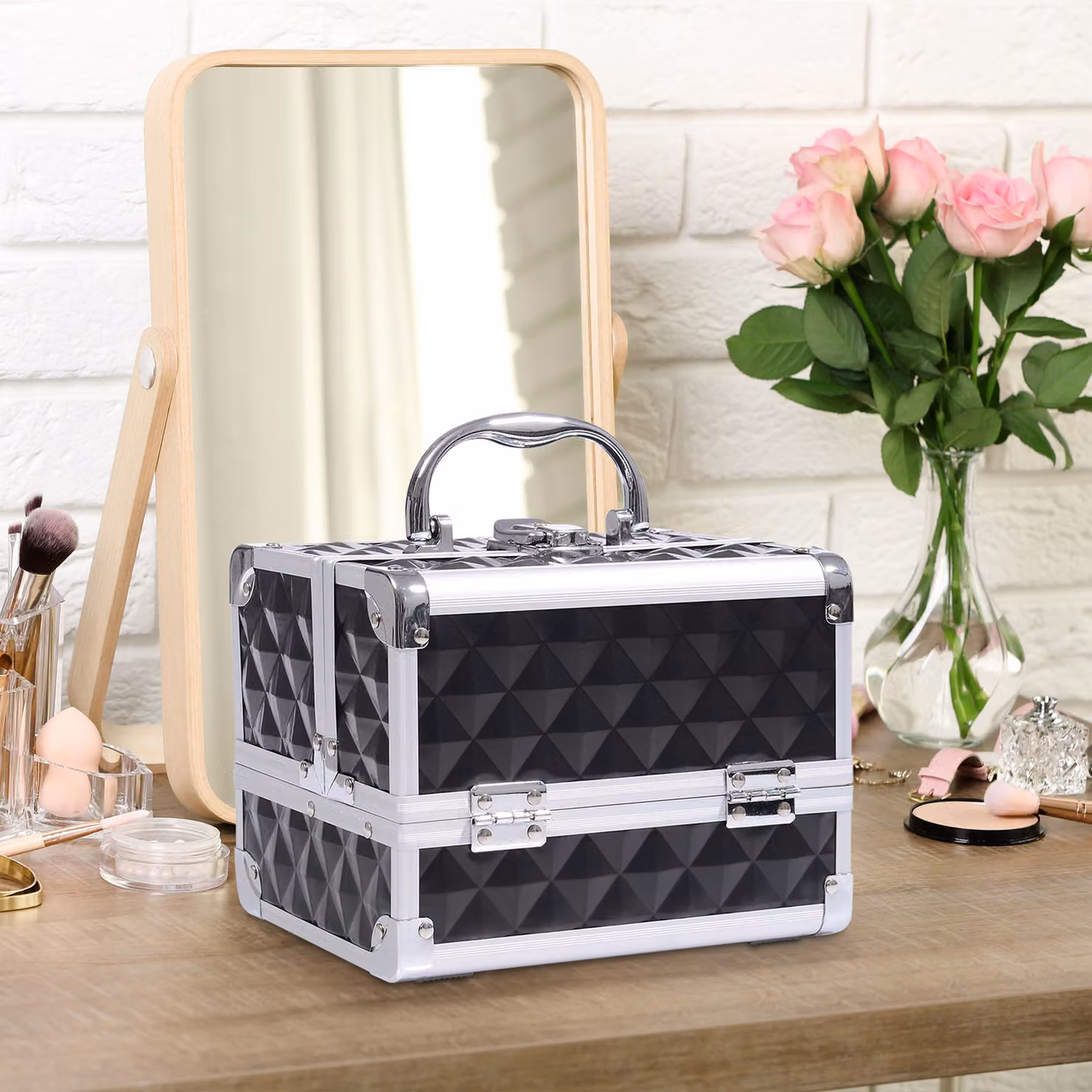 Valigia per il trucco HOMCOM a 3 livelli con specchio bloccabile e 2 chiavi, colore nero, L/P/H: 20 x 15 x 15 cm – 2