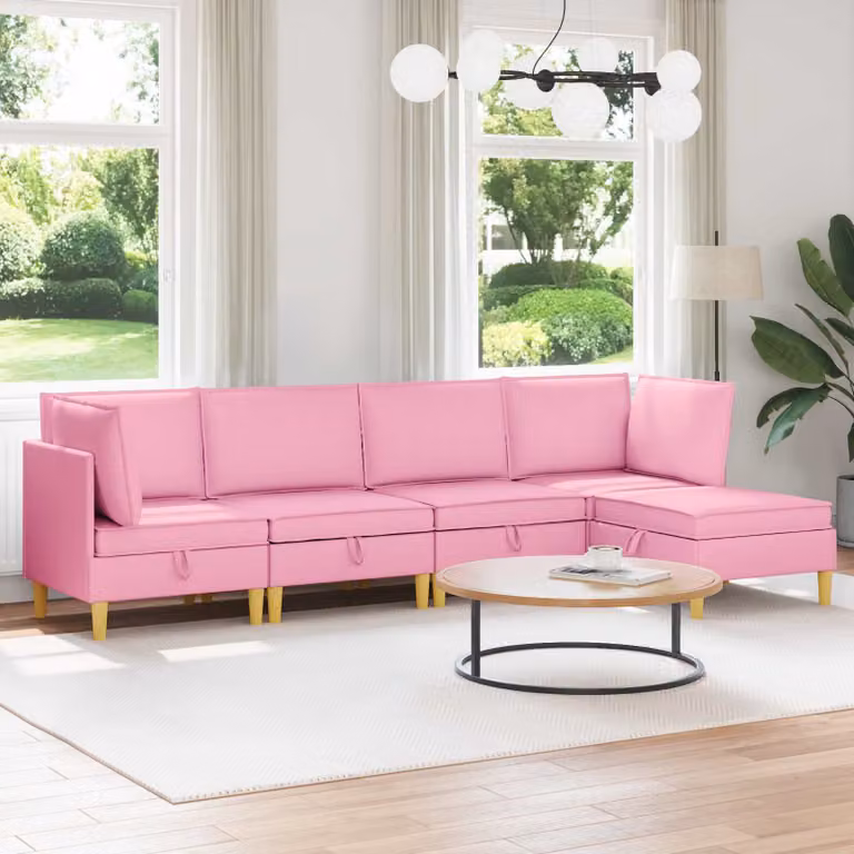 Set di divani modulari L-shape vidaXL in tessuto rosa con pouf coordinato e coperture rimovibili