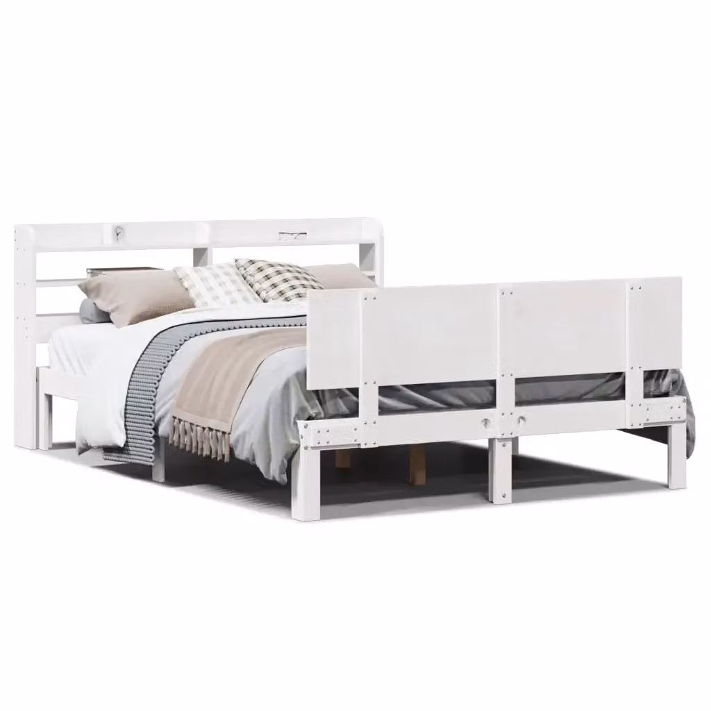 vidaXL Letto in legno di pino massello bianco con ripiani laterali 150x200 cm – 2