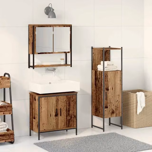 Set di mobili per il bagno 3 pezzi vidaXL in legno e vetro marrone e nero, L/P/H: 33 x 33 x 113,5 cm