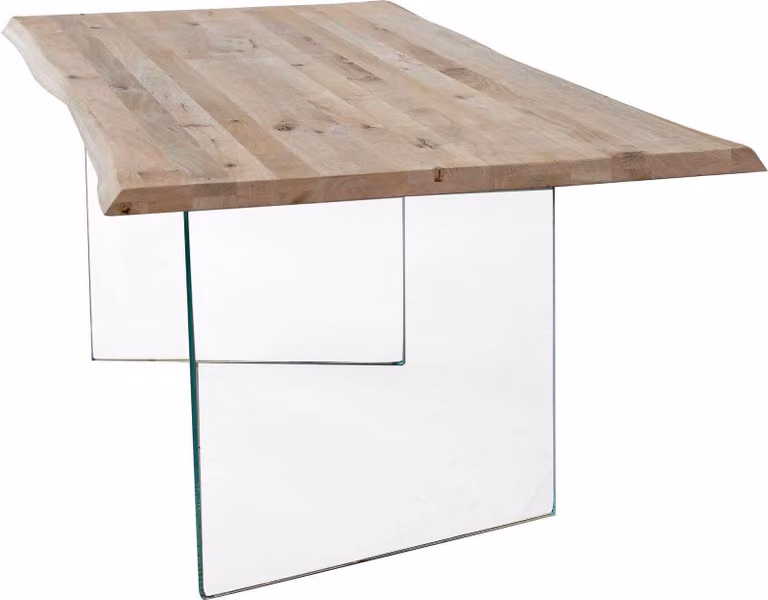 Milani Home - tavolo da pranzo fisso 160 x 90 cm, piano in legno massello naturale, base in vetro trasparente