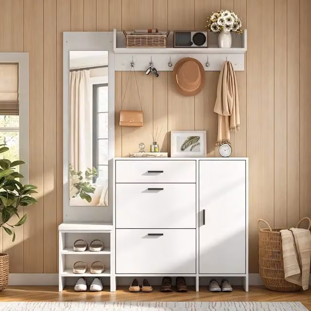 Set ingresso consolle appendiabiti specchio scarpiera panca ¨C Minimal ¨C Bianco legno multistrato 140x30x200cm