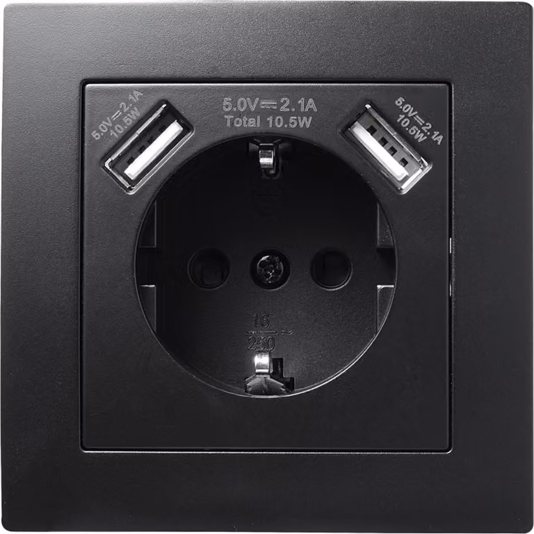 Presa di corrente con contatto di terra e 2x USB McPower Flair, 250V 5V/2.1A, da incasso, nero opaco