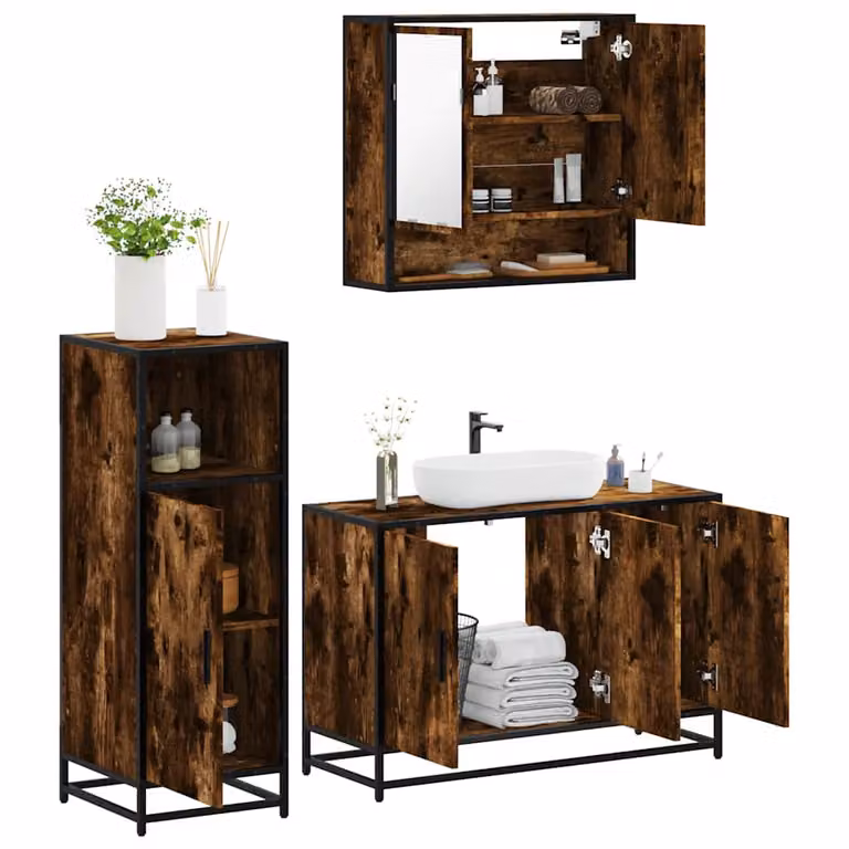Set di mobili da bagno vidaXL in stile industriale composto da 3 pezzi in legno rovere e metallo, colore marrone, con armadietto specchio, mobile lavabo e mobile laterale