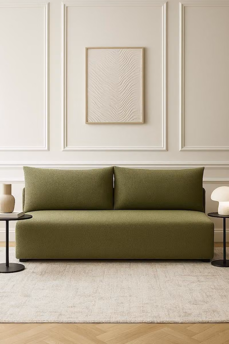 Sofello divano LUNO boucle con funzione letto Olive - Divano moderno boucle per il vostro salotto, zona notte: 204×144 cm
