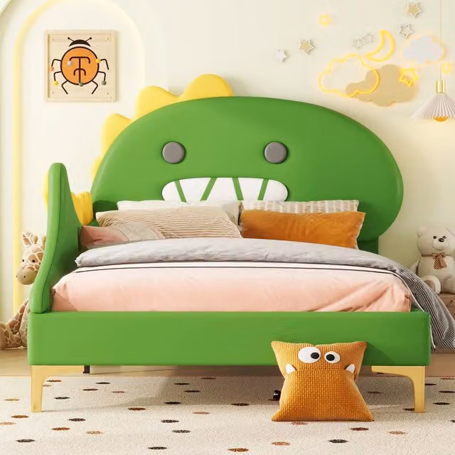 Letto per bambini 90 x 200 cm a forma di dinosauro dei cartoni animati, letto basso in PU - Verde